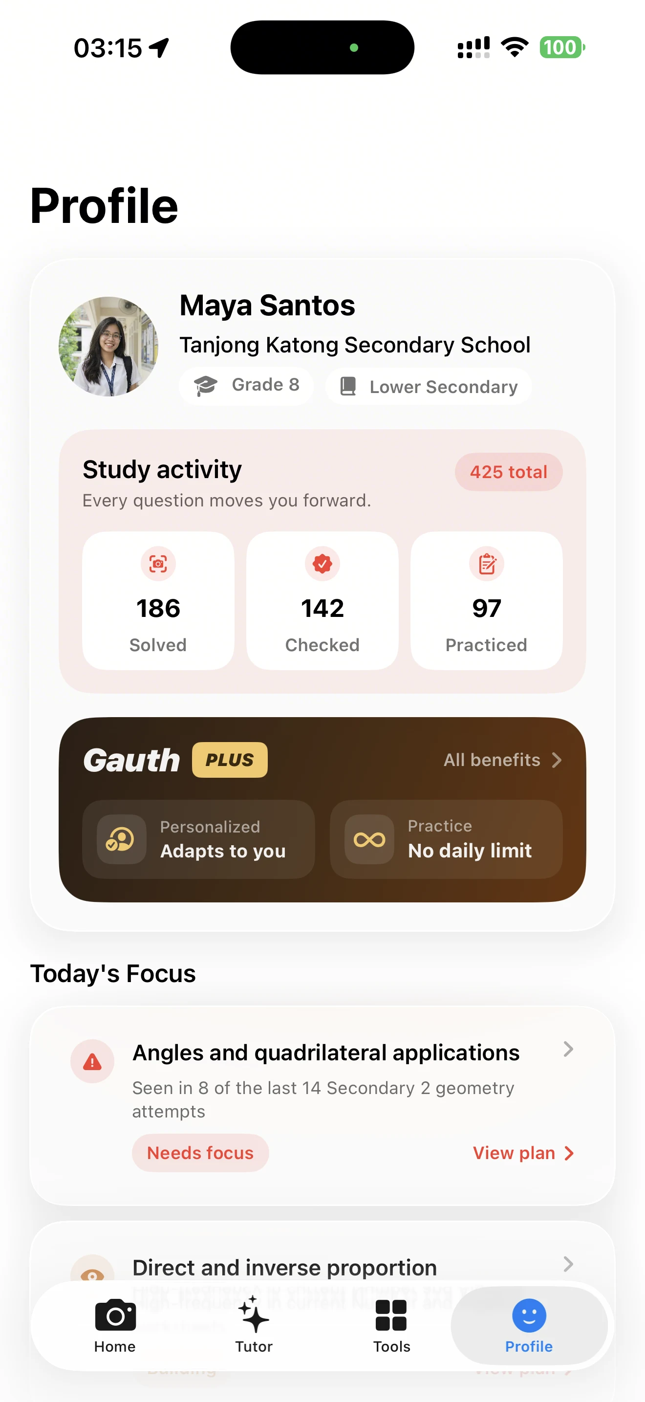 GauthX profile screen