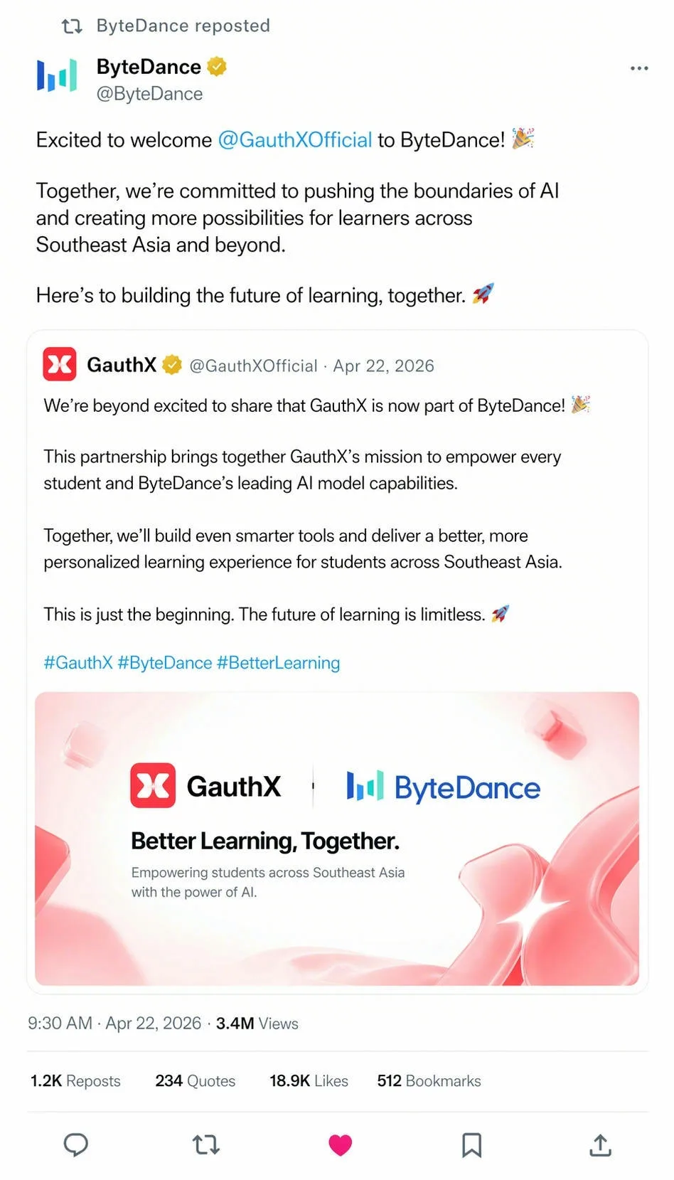 ByteDance repost welcoming GauthX to ByteDance