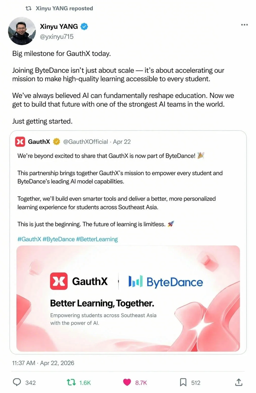 CEO post about GauthX joining ByteDance