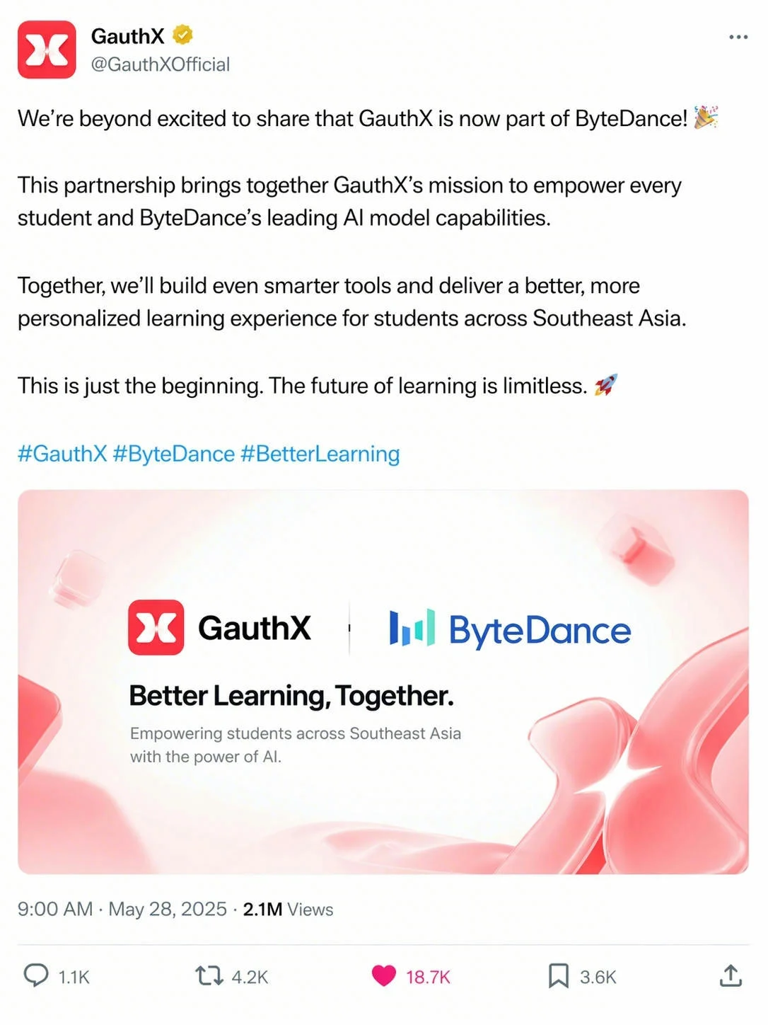 GauthX official announcement post about joining ByteDance